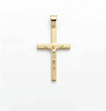 Bredt stolpe kors med Jesus fra BNH i blank 14 karat, Stor-21,5 x 34 mm